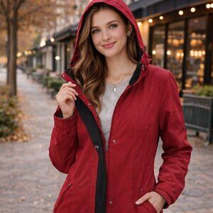 London Fog Women’s Medium Red Removable Hooded Jacket, fleece lined removable